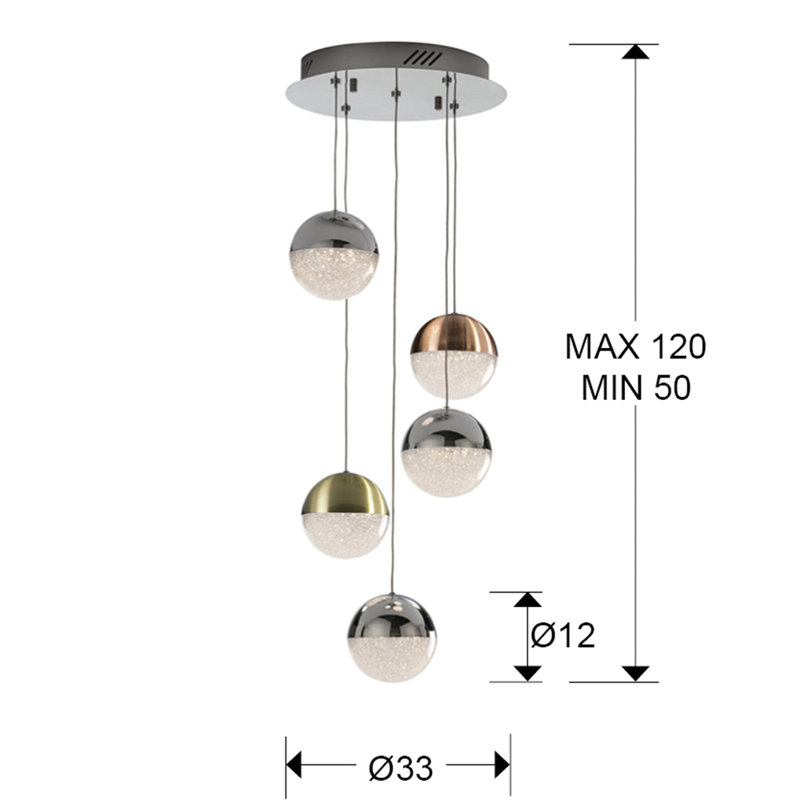 Nauvoo 5 - Light Copper/Satin Brass/Chrome LED Cluster Pendant, Copper/Satin Brass/Chrome, Clear, 50cm H x 33cm W x 22cm D