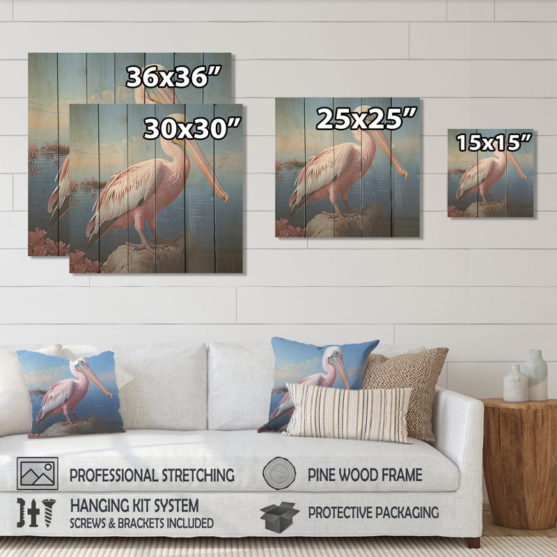 Pink Pelican Poise - Coastal Animal On Wood Print, 15" H x 15" W
