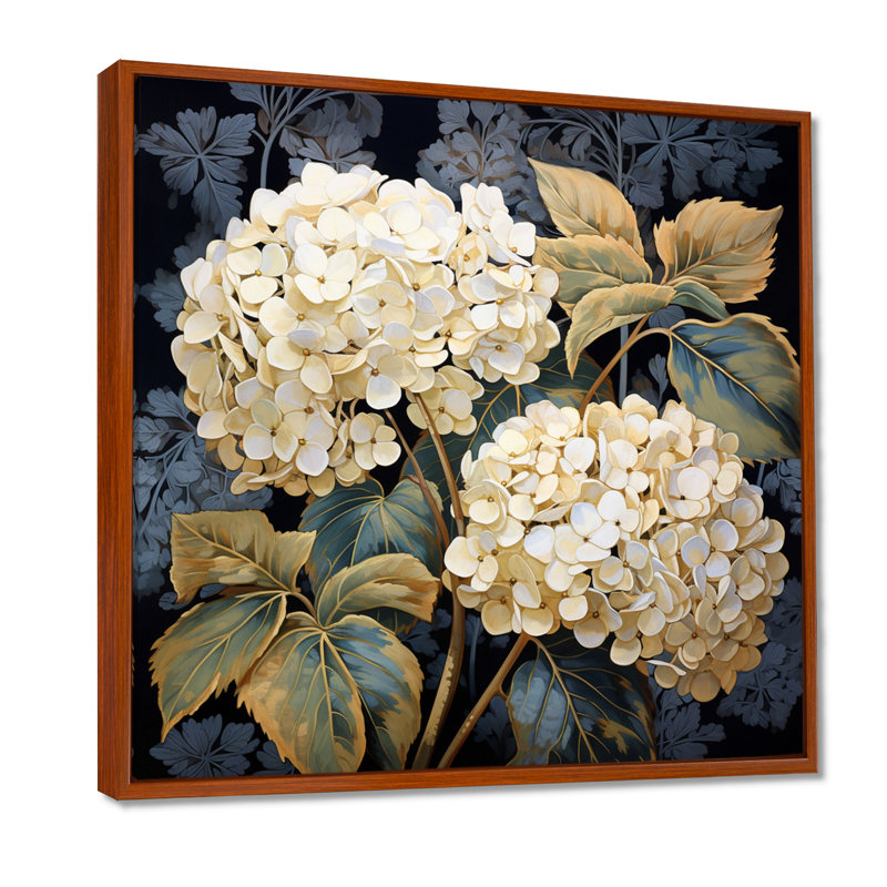Illustration rétro de fleur d'hortensia blanc - art mural hortensia, H 36 po x l 36 po, Cadre flottant brun, bois massif