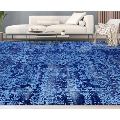 Tapis bleu foncé et turquoise noué à la main de haute qualité