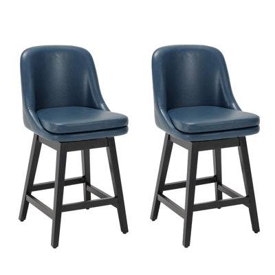 Ensemble de 2 tabourets de bar pivotants de 26 po avec pieds en bois massif, tabourets de bar de style campagne moderne pour îlot de cuisine et comptoir, similicuir bleu marine