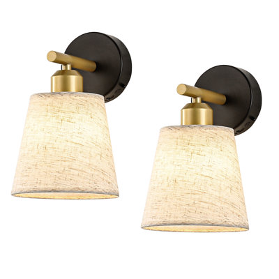 Dimmable Rustic Wall Sconce with Linen Beige Fabric Lampshade, 3 Color Temperatures (3000K/4500K/6000K), Set of 2