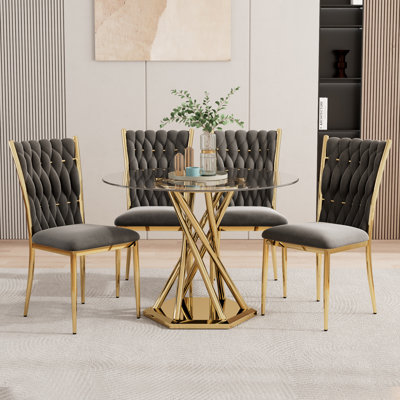 38.9" Dining Table Set for 4, Modern Round Glass Dining Table Set With 4 Upholstered Chairs, for Dining, Kitchen