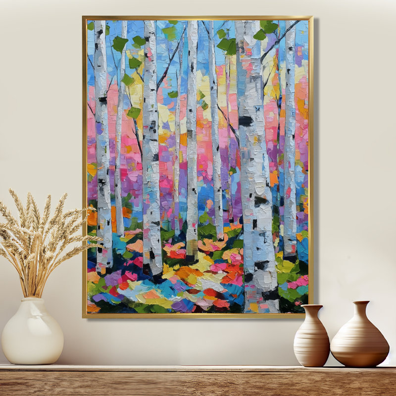 «Pink Orange Vibrant Birch Forest», impression d'art sur toile rose nature, H 44 po x l 34 po, Cadre flottant, Doré