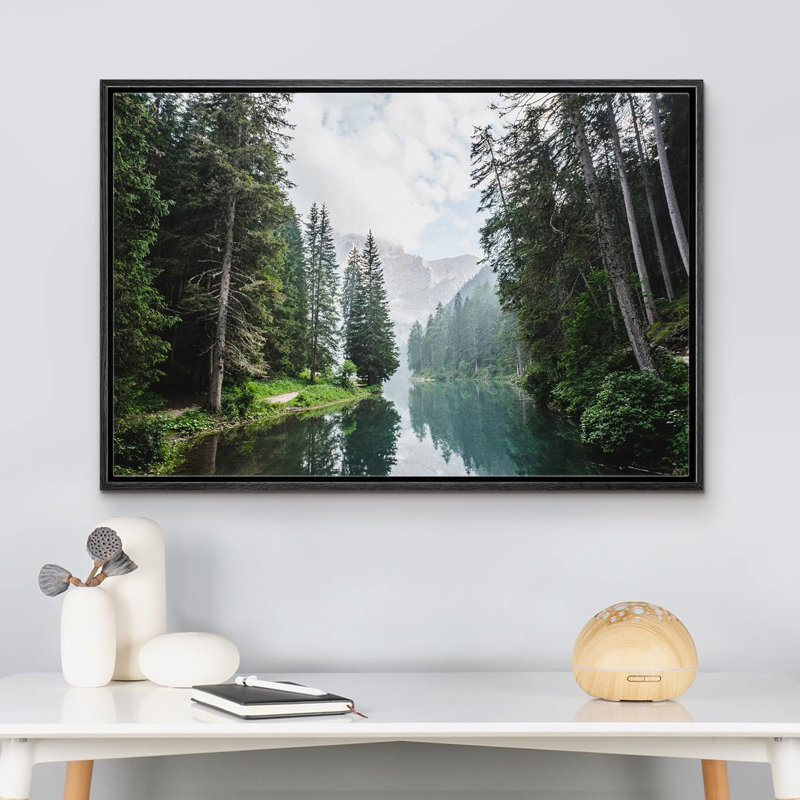 Lake  River Landscape " Fall Green Forest with Lake Reflection " Graphic Art Print, 16" H x 24" W x 1.5" D, Black Frame