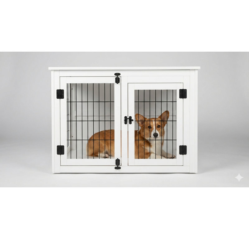 Cage pour chien conçue comme un meuble, comprend des bols pour chien rotatifs et amovibles à 360 degrés, avec une finition blanche