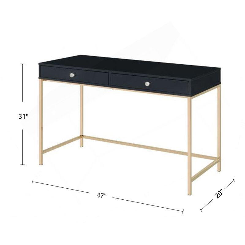 Bureau d'écriture rectangulaire avec 2 tiroirs, noir brillant et doré