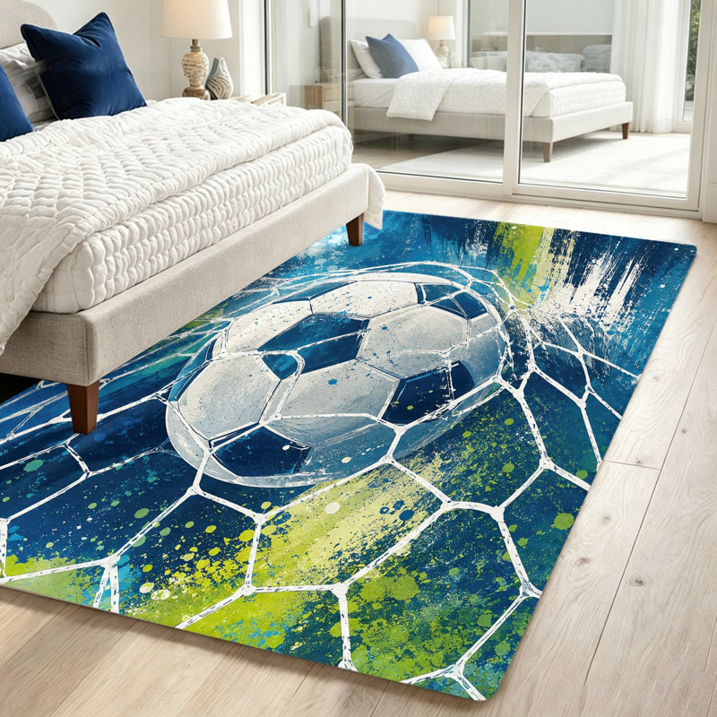 Soccer Ball Goal Net Area Rug, Sports Themed Indoor Floor Mat, Non-Slip Washable Home Decor Rugs for Living Room, Bedroom, Playroom, World Cup Soccer Decor
