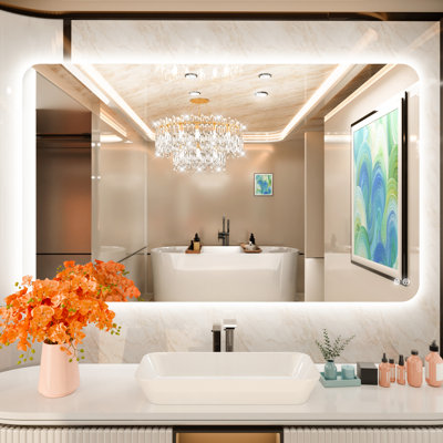 Soft Rounded Corner Frameless Backlit LED Bathroom Vanity Mirror, Dimmable 3 Color Temperatures, Anti-Fog Tempered Glass Mirror, UL/ETL Certified