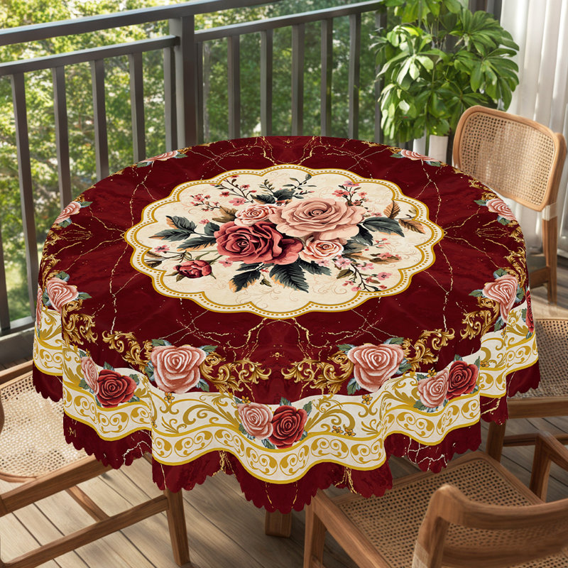 Nappe ronde rouge foncé et rose foncé à motif floral - Housse de table lavable en tissu avec accents dorés, nappe décorative festonnée pour salle à manger / patio, décoration de maison de campagne / maison de campagne durable