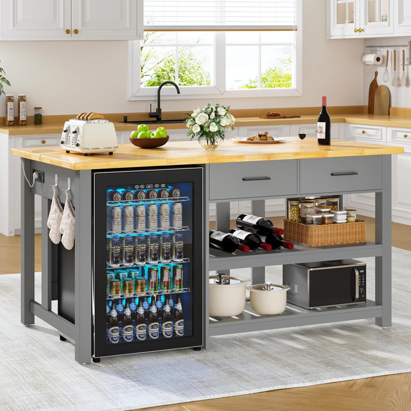 60"Solid Wood Kitchen Island with Storage and Power Outlets, Extra Large Solid Wood Tabletop with Fridge Space,  2 Drawers  for Kitchen Dining Room, Farmhouse Style