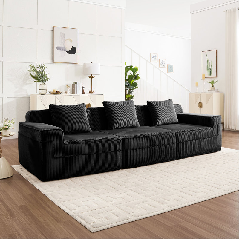 Canapé modulaire 3 places sans os, canapé modulaire Cloud avec assise profonde, canapé modulaire moderne 3 places avec coussins décoratifs Tissu velours côtelé noir