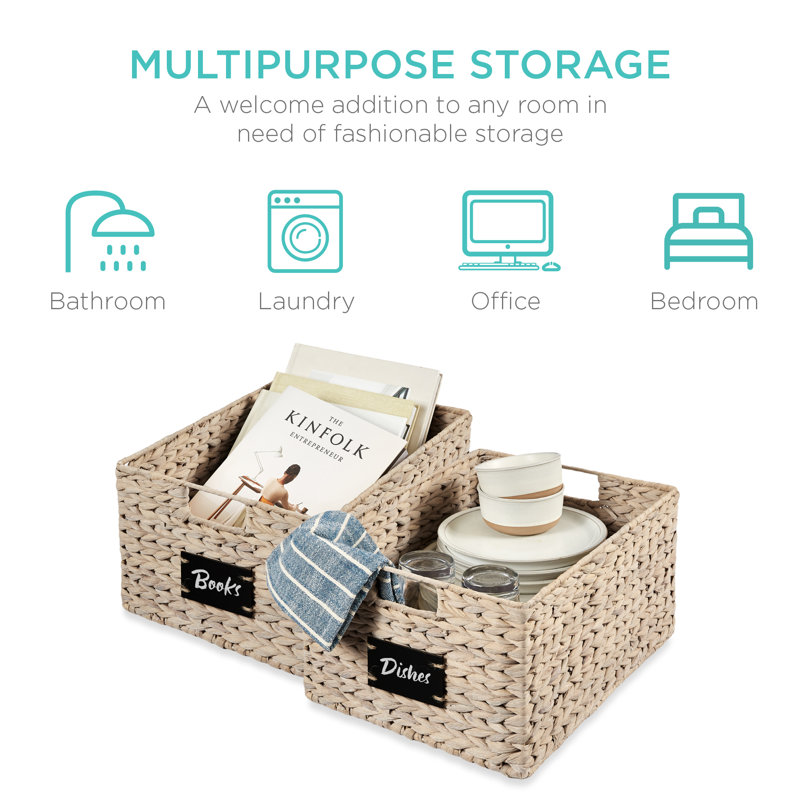 Aguta 2 16in Woven Water Hyacinth Pantry Baskets w/ Chalkboard Label, Chalk Marker, White