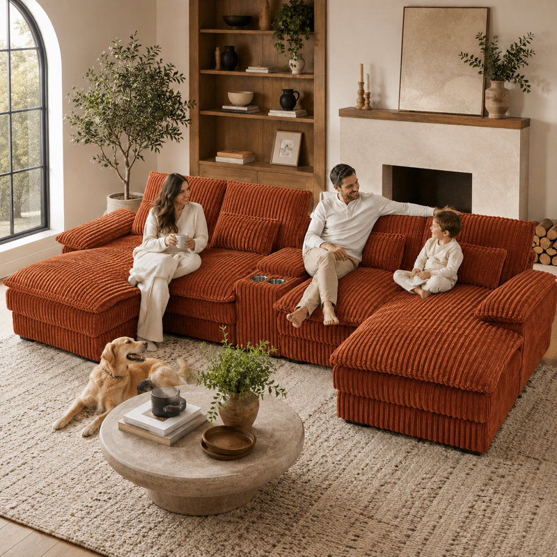 Canapé modulaire en velours côtelé 125 po avec console de rangement, Velours côtelé orange, Orange