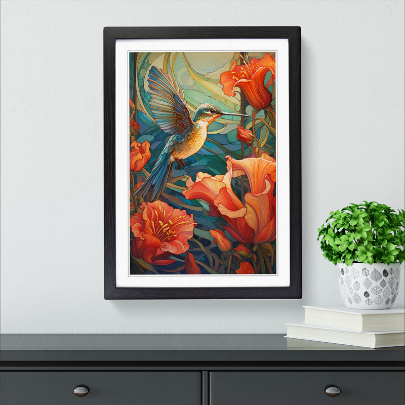 Hummingbird Nouveau No.2 - Single Picture Frame Print on Wood, 64cm H x 46cm W x 2cm D, Black Framed