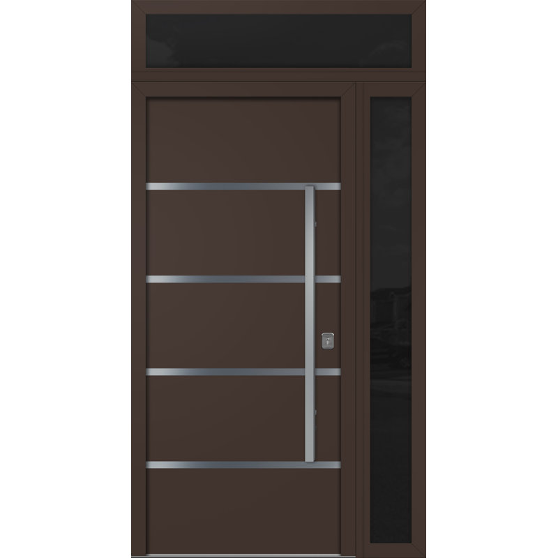 Porte d'entrée extérieure moderne en acier 36 po x 80 po - Inox S3 avec éclairage latéral et traverse, Brun