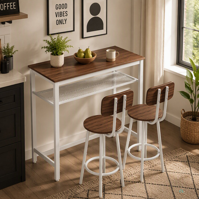 Ensemble de 3 tables de bar, 2 tables de bar et chaises avec cadre en métal et support de rangement, table de hauteur comptoir moderne avec 2 tabourets pour la cuisine, la salle à manger et le salon