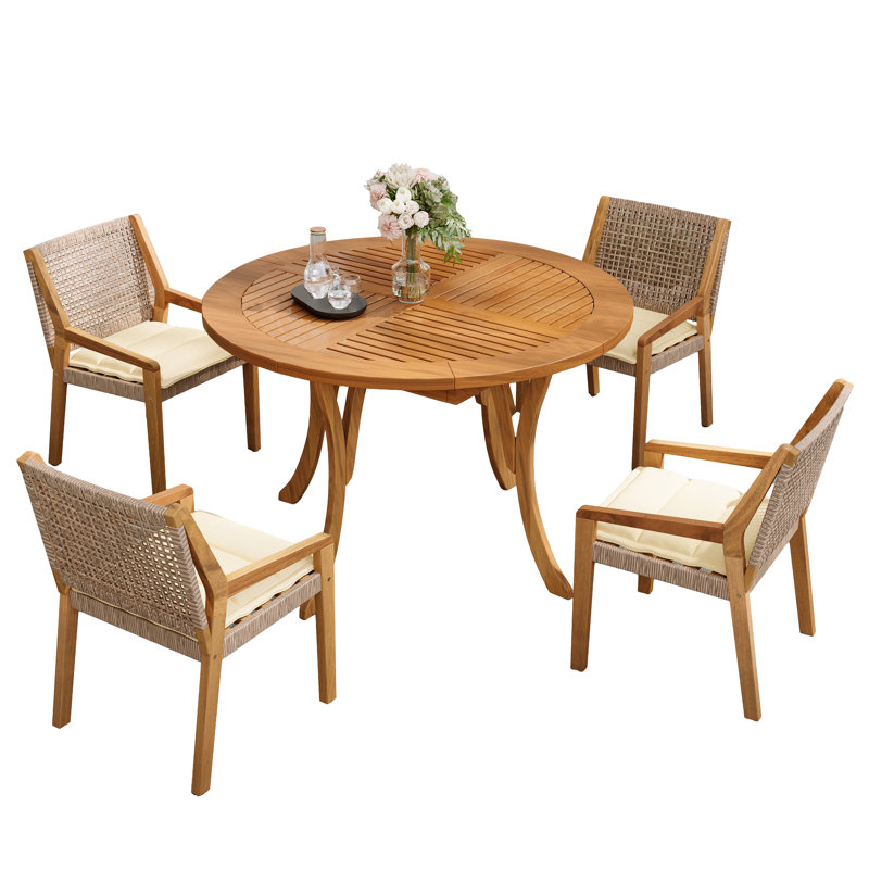 Shoreline Modern Coastal Acacia Wood Patio Dining Set With PE Wicker Chairs And Cushions