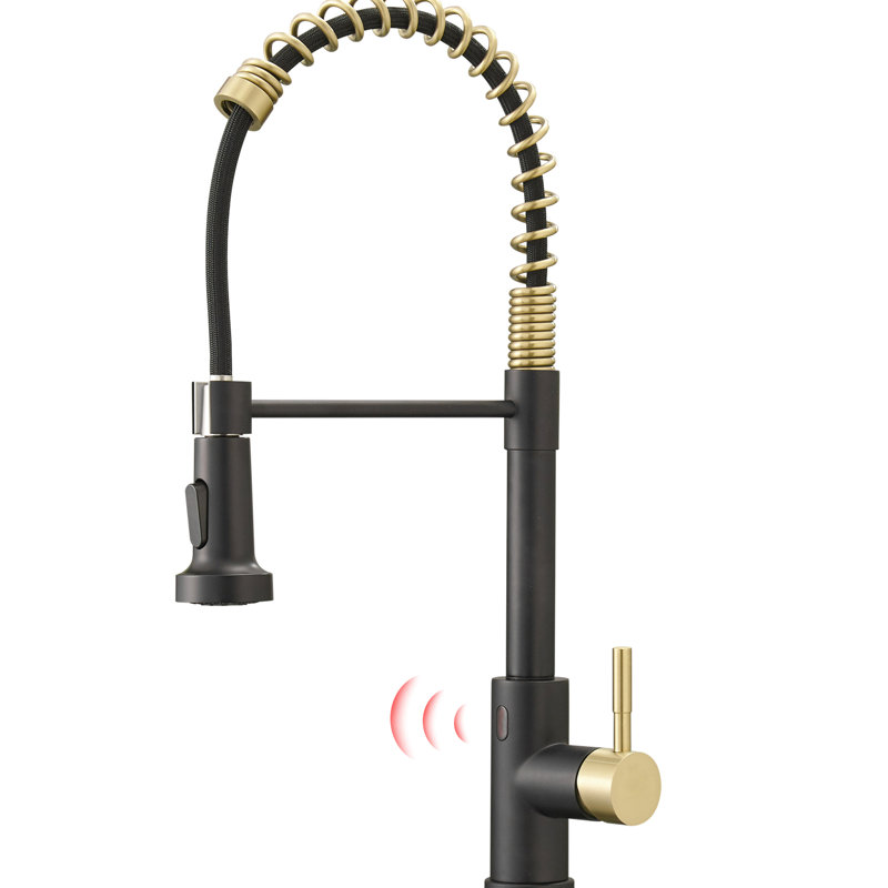 Touchless Kitchen Faucet - Automatic Smart With Pull Out Spray, Hands For Kitchen, Black And Gold, Contemporary, Ceramic Filler, Brass Construction Motion Sensor, Sink Faucet, + Contemporary Style,