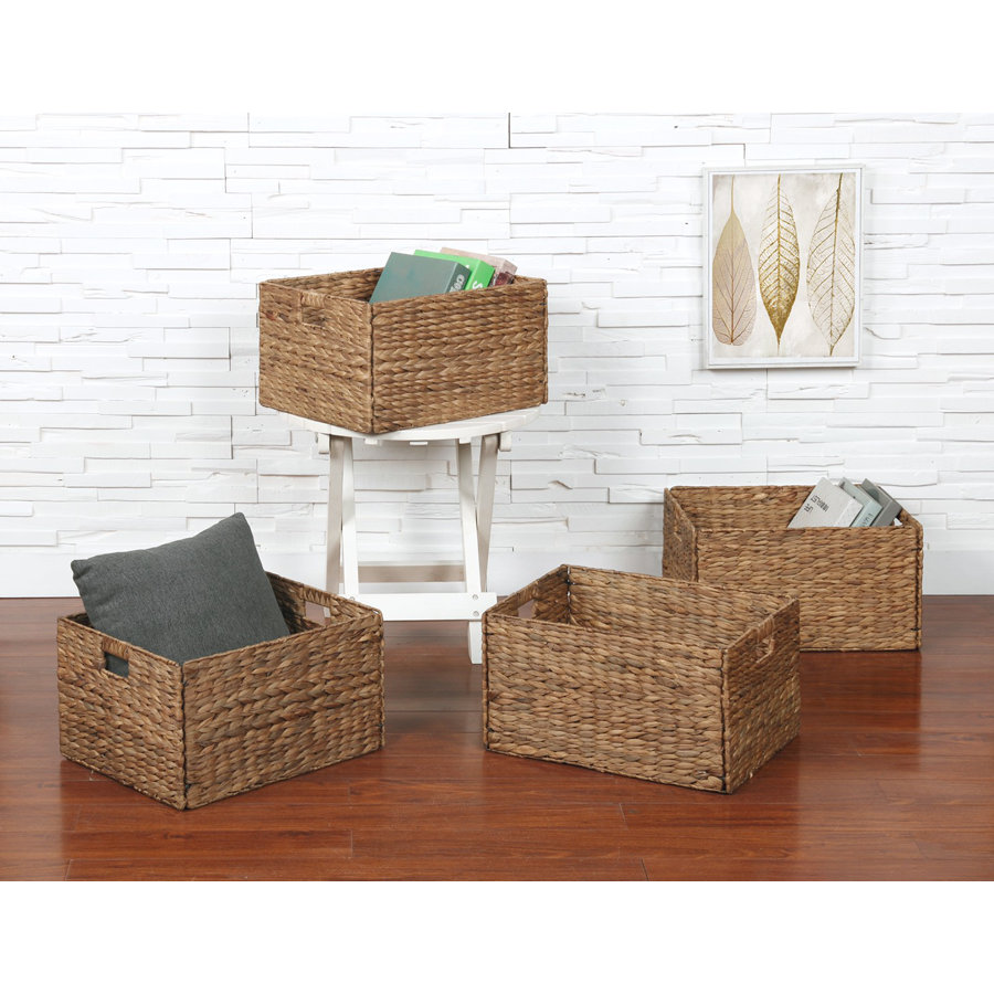 Rectangular Natural Water Hyacinth Hand Woven Rattan Wicker Storage Basket Set with Iron Wire Frame