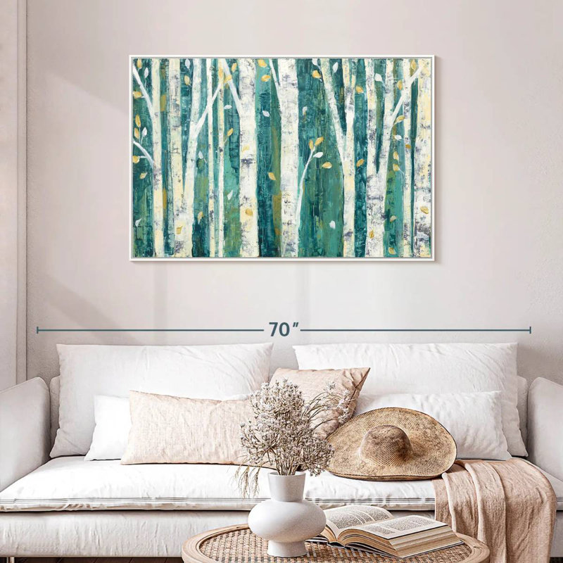 Bouleaux au printemps III, 37 po x 25 po, Cadre flottant blanc