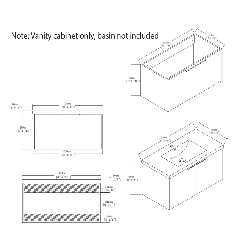 Meuble-lavabo flottant de 36 po de largeur en contreplaqué mural gris avec portes à fermeture en douceur (lavabo non inclus)
