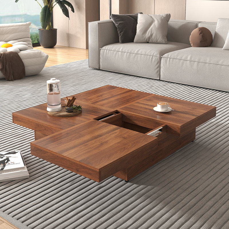 Table basse carrée en placage avec plateau coulissant et rangement en noyer 39,4 po