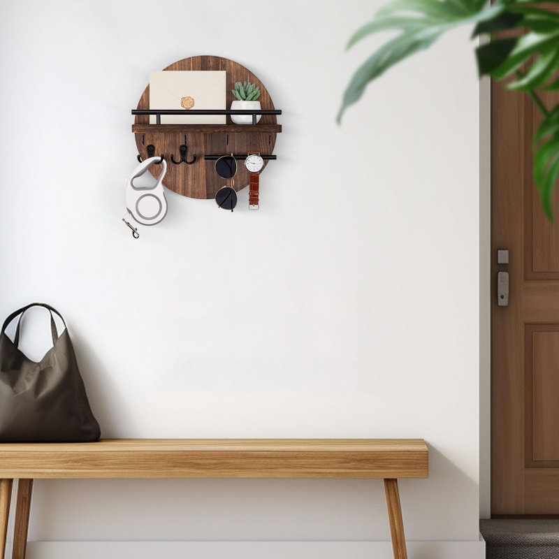 Mail Organizer Wood Painted Brown, Key Holder Wall Mount
