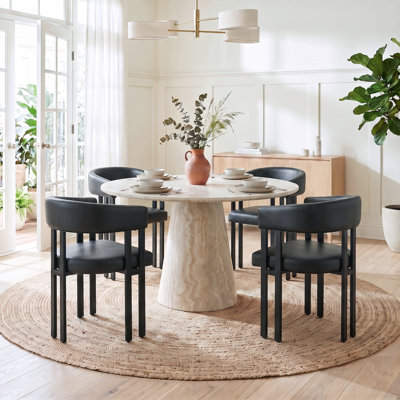 Ensemble de table de salle à manger ronde avec piédestal en faux marbre et chaises rembourrées
