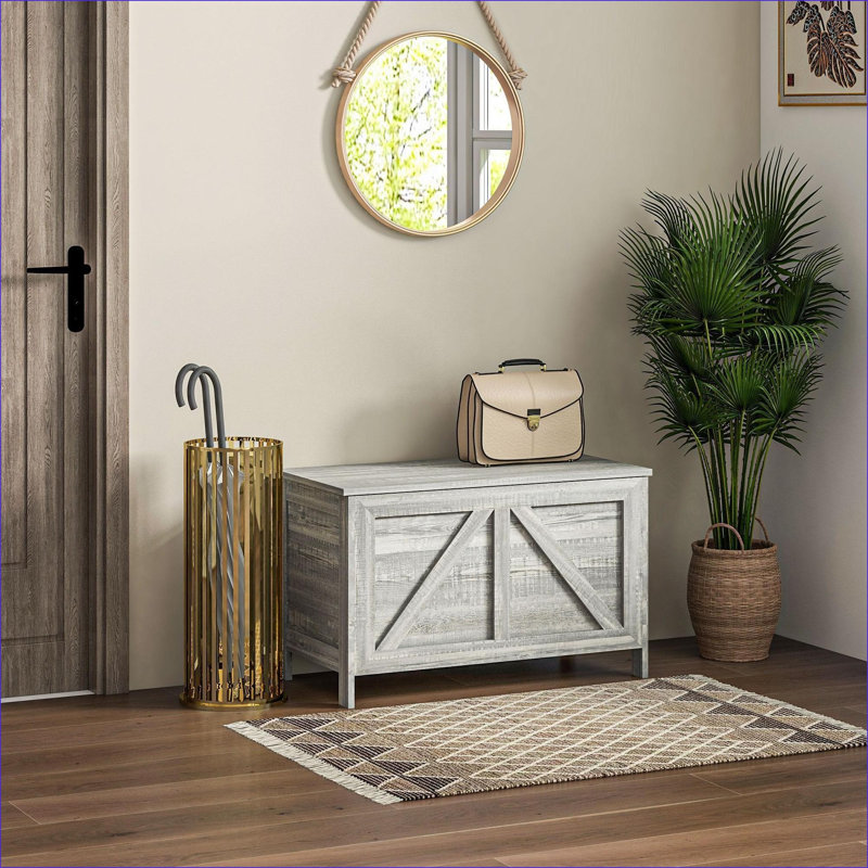 Storage Chests | 30" Lift Top Storage Chest with Safety Hinge, Slate Gray Wood Grain, Farmhouse Style | Particle Board | Bedroom