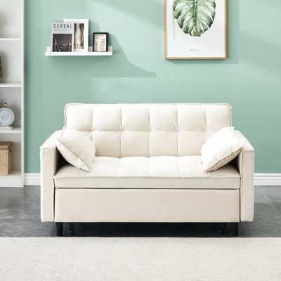 3 In 1 Convertible Bed, 2 Beige Modern Velvet With Back, Pillow, 31.65 Height, 55 Product Depth 33 Width, Convertible,