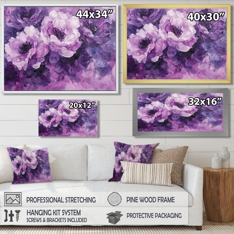 Pivoines mauves, danse de l'élégance III - pivoines, art mural, H 30 po x l 40 po, Cadre flottant doré