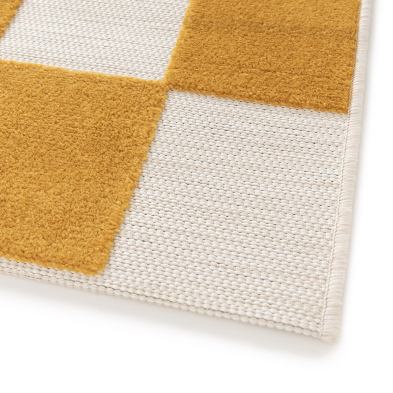 Philo Chequered Machine Woven Relief Indoor Outdoor Yellow Area Rug, Rectangle 164 x 230cm