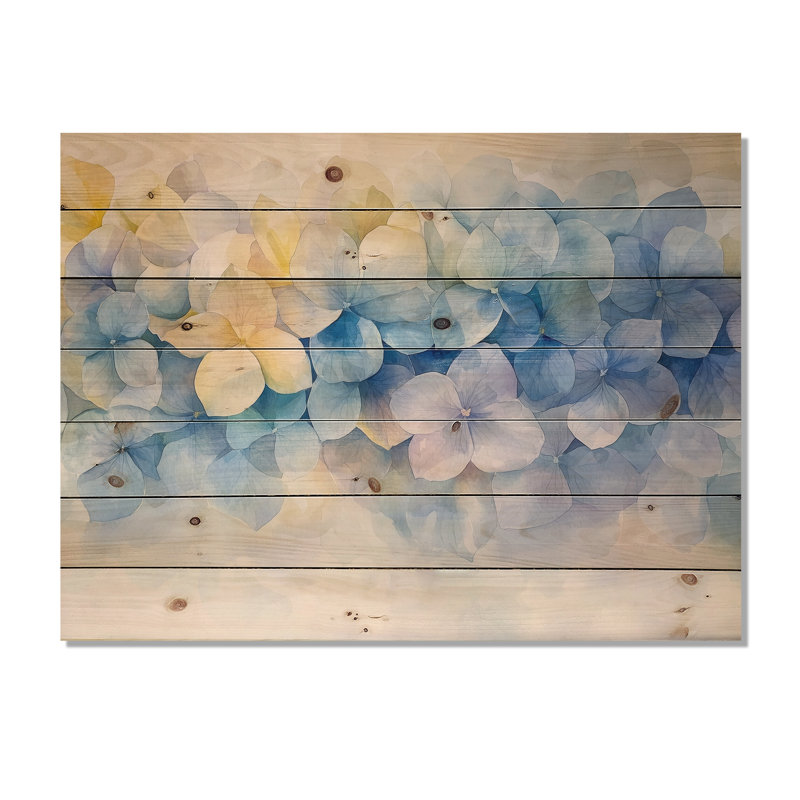 Hydrangée abstraite, horizon de simplicité VI - impression d'hortensia sur bois de pin naturel, H 30 po x l 40 po