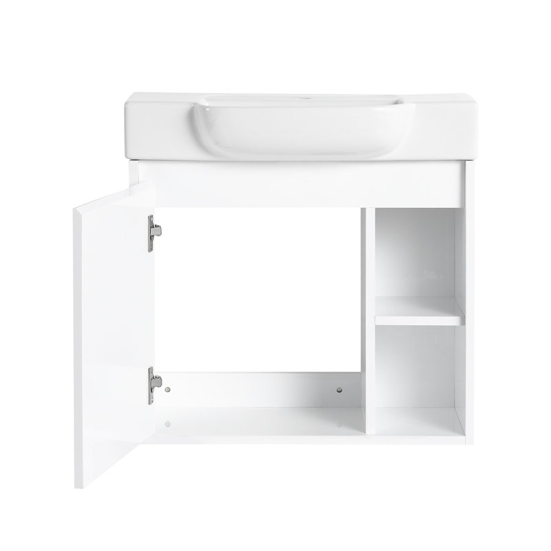 Meuble-lavabo mural avec lavabo en céramique blanche, Blanc lustré
