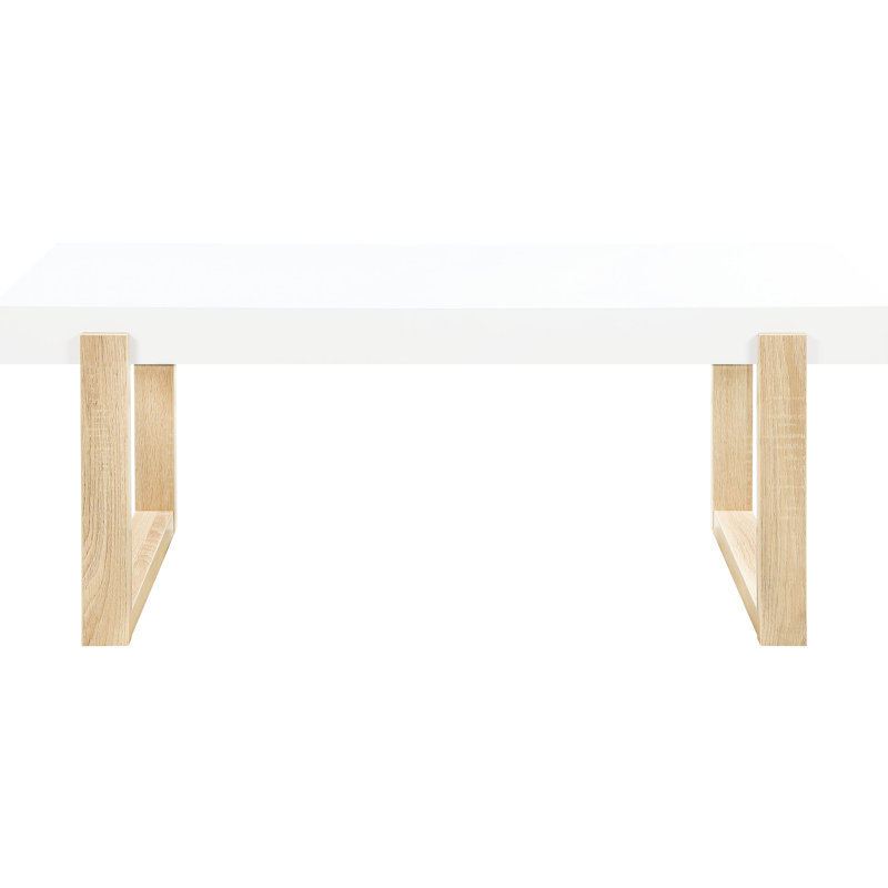 Table basse blanche et naturelle ultrabrillante avec base luge, aspect rectangulaire classique, pieds en U pour plus de stabilité, pouvant accueillir six personnes, 18 pouces de hauteur, 47,4 de longueur, 24,4 de largeur, silhouette usée,