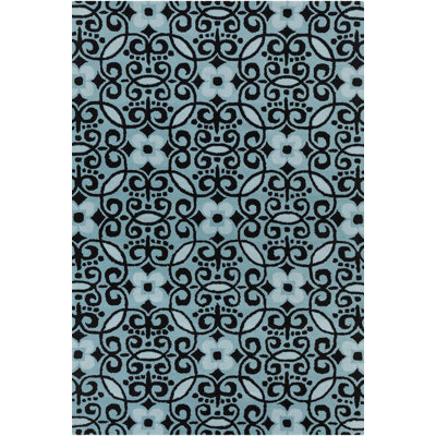 Cloral Authentic Hand-Tufted Handmade Light Blue, Black & Silver-Gray Modern Damask Scroll Wool Area Rug