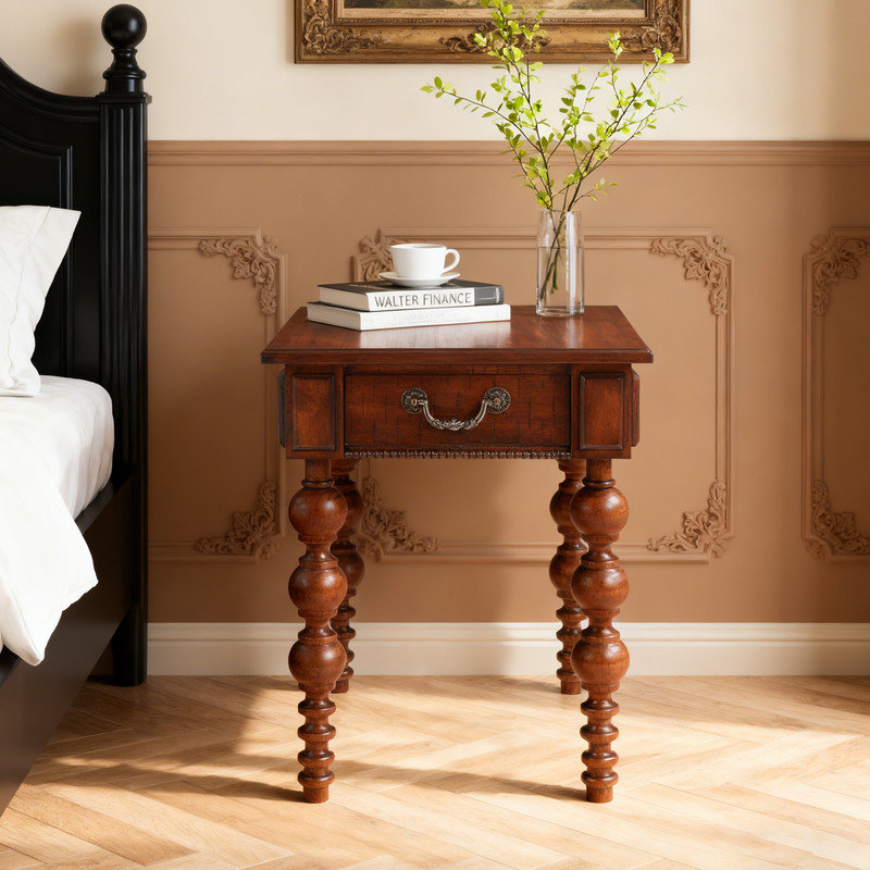 Table de bout vintage en bois massif avec tiroir, table d'appoint étroite pour canapé et salon, assemblage facile, Noyer