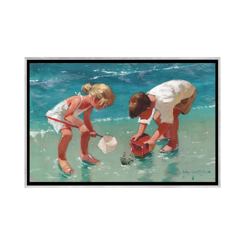«Kids and Crab» par John Haskins - reproduction d'art, H 26 po x l 40 po x 1,5 po, Toile avec cadre argenté