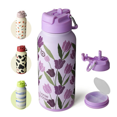 BOTTLE BOTTLE 32oz Insulated Water Bottle Stainless Steel Sport Water Bottle with Straw Dual-use Lid Design for Gym with Pill Box (Purple Tulips)