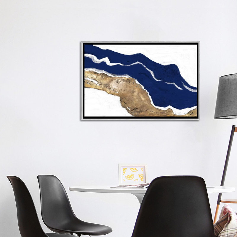 Marine et or Tierra I par Patricia Pinto-impression, H 26 po x l 40 po x P 1,5 po, Toile avec cadre argenté, Pas de tapis