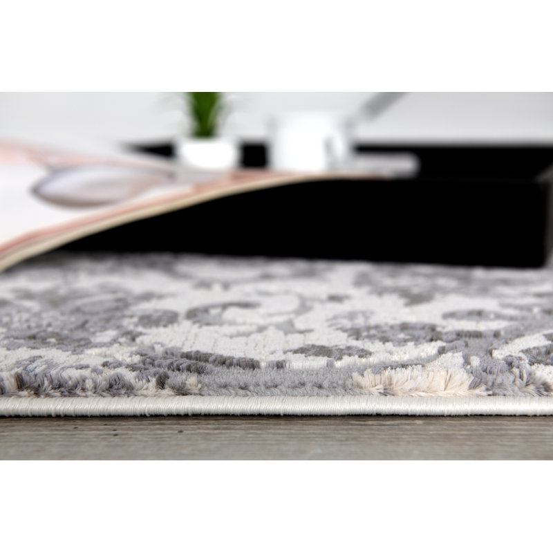 Tapis abstrait en polyester tissé à la machine en crème / gris, Rectangle 7 pi 10 po x 10 pi 10 po