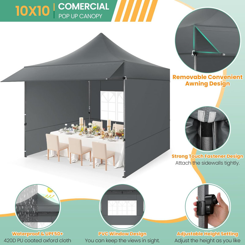 10x10 Pop Up Canopy with Sidewalls, Gray