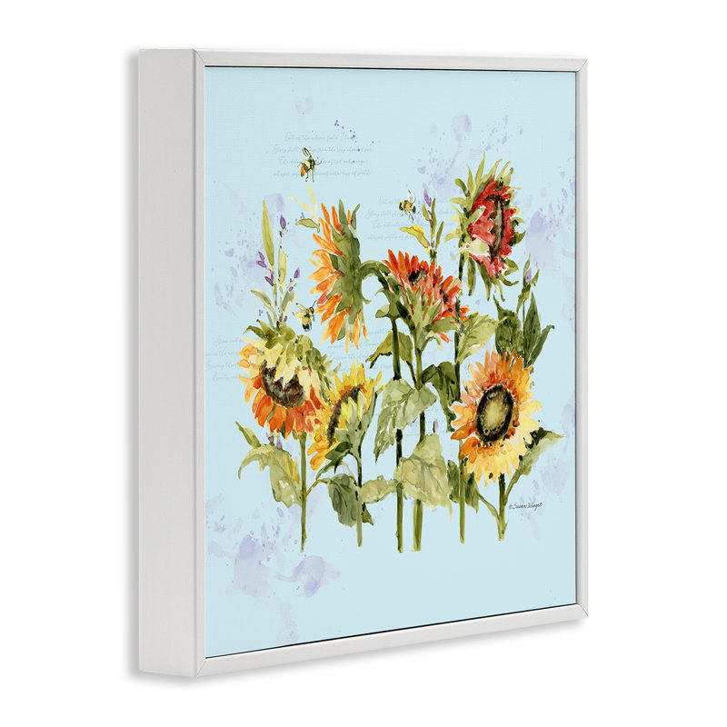Tournesols et abeilles sur giclée encadrée bleue, design par Susan Winget, Encadrement giclée blanc côtier, H 24 po x l 24 po