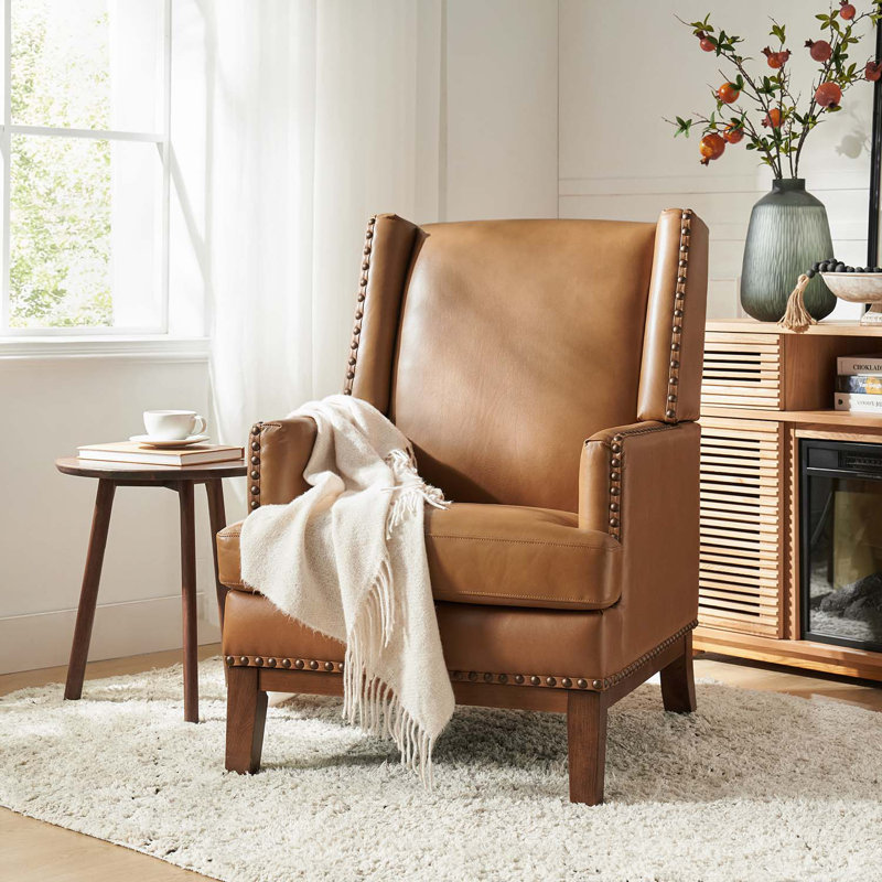 Ariston Genuine Leather Wingback Club Chair with Solid Wood Leg, Camel