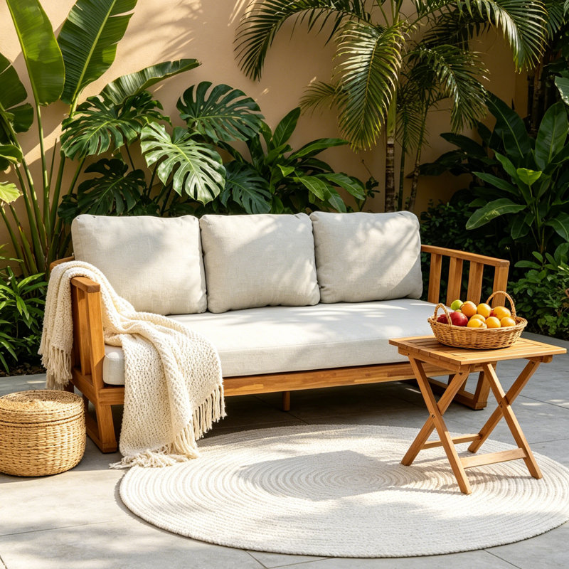 Helga Acacia Wood Patio Outdoor Three-seat Sofa With Cushions