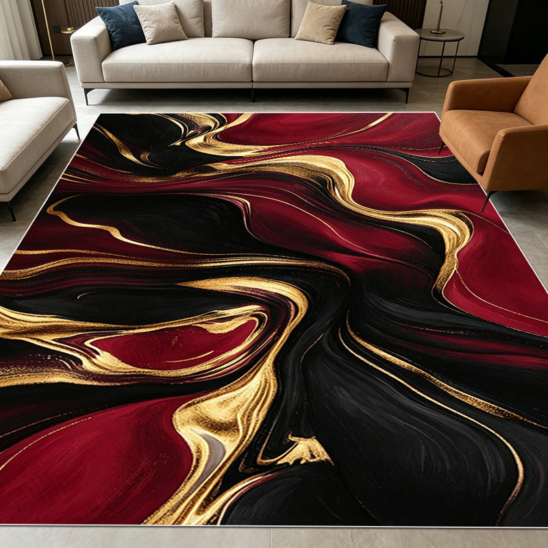 1PC Burgundy Black Gold Fluid Marbled Abstract area rugs for Living Room, Soft, All seasons, Easy-maintain, Washable Indoor mat, Farmhouse suitable for dining room, bedroom, kitchen, entryway, home office, patio, Home Decor, Outdoor Decor.