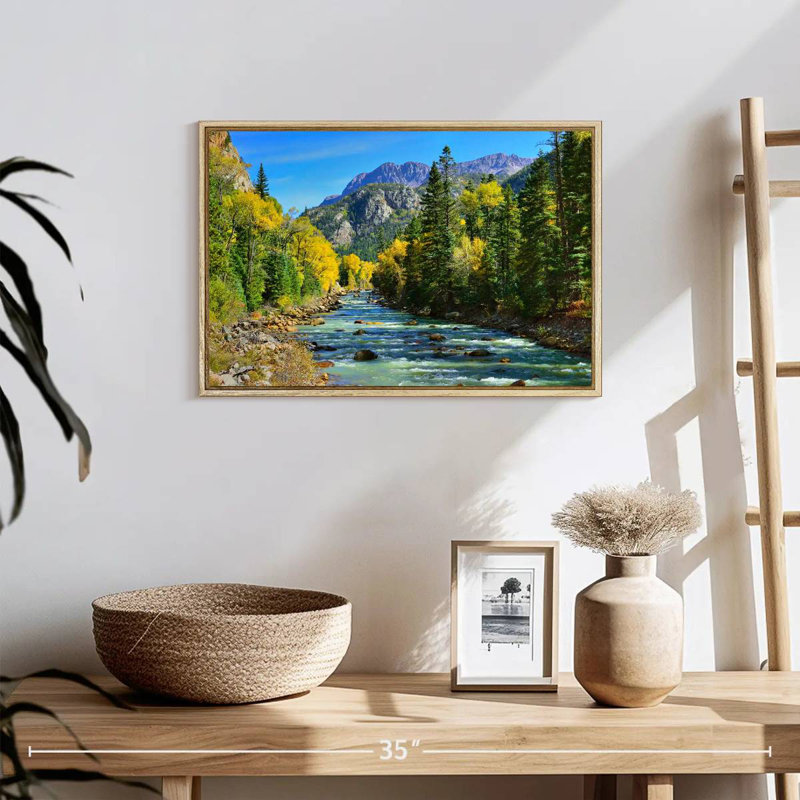 Montagne avec rivière, 19 po x 13 po, Cadre flottant en bois naturel