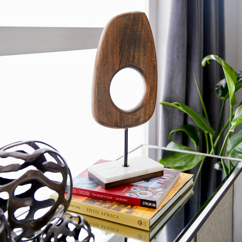 Dorpha Geometric Wood Sculpture with Light Marble Rectangular Base