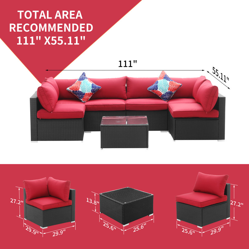 Ensemble de conversation modulaire en rotin 7 pièces avec coussins Annalynn, Rouge